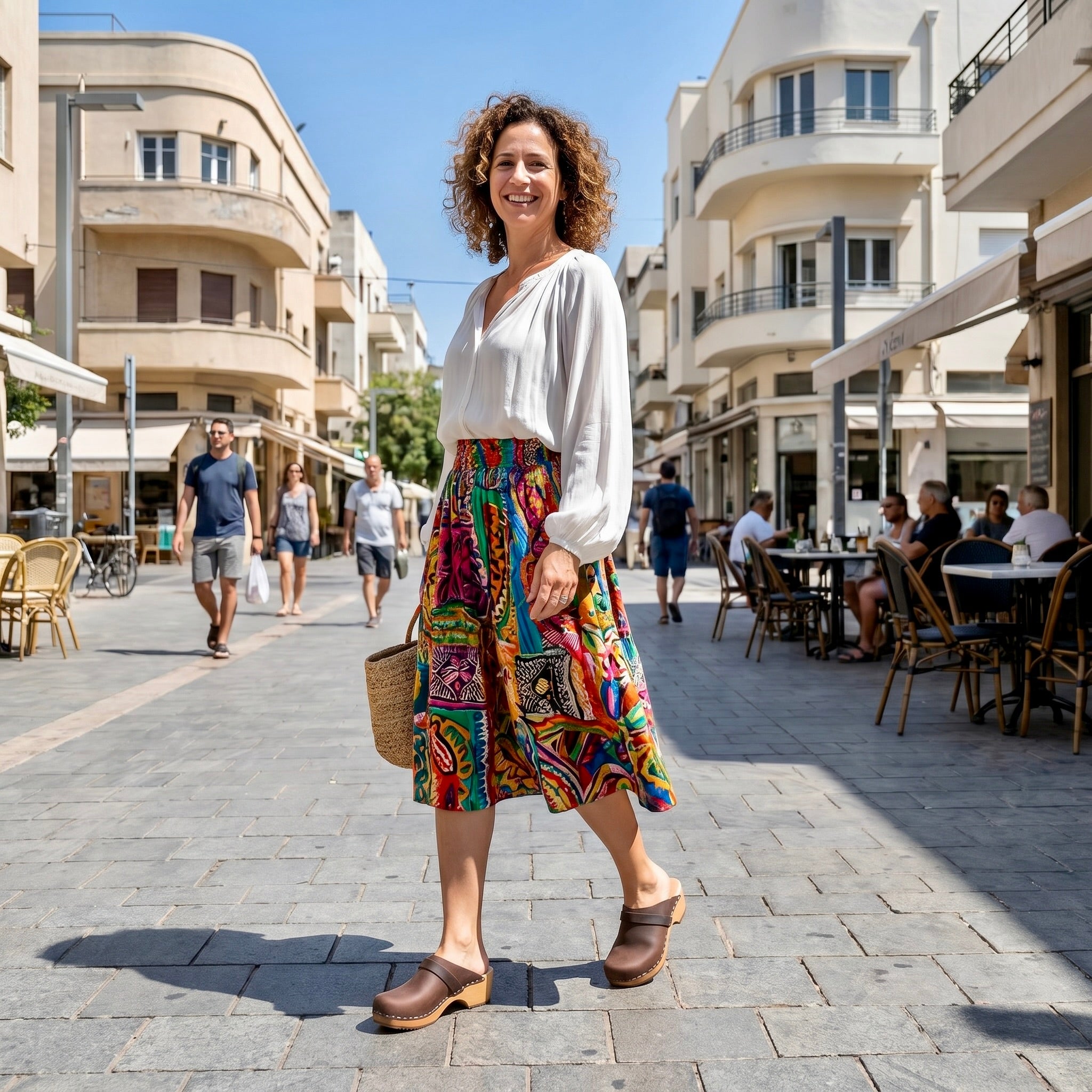 אישה צועדת ברחוב שטוף שמש, לבושה בחולצה לבנה וחצאית מודפסת צבעונית, נועלת קבקבים חומים ונושאת תיק קש.