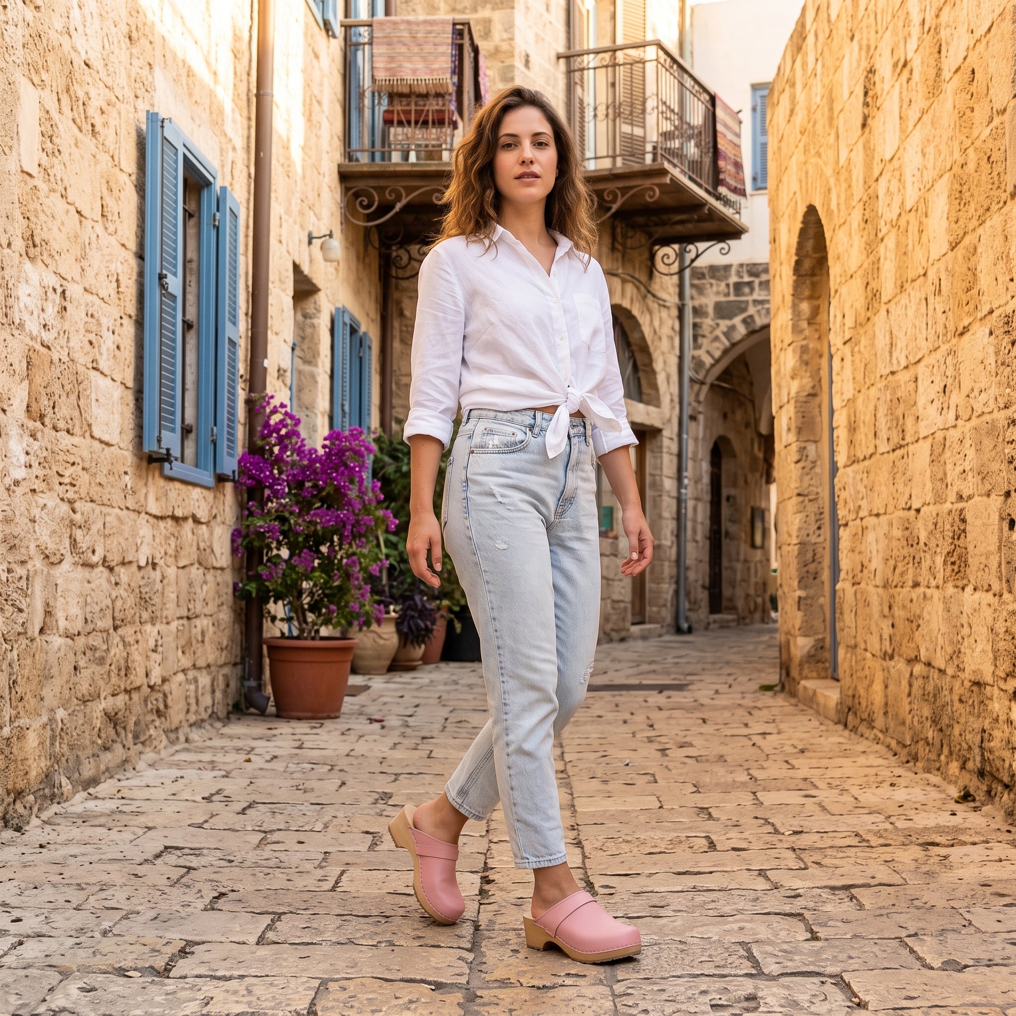 דוגמנית במכנס גינס ארוכים בסמטת אבן ירושלמית, נועלת קבקבי-עץ שוודיים של ג׳ילון-סטודיו בצילום הליכה טבעית מביטה אל הצלם