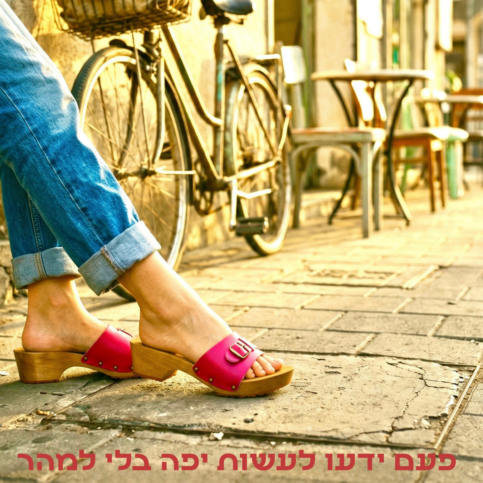 תקריב על רגלי דוגמנית בג'ינס נועלת קבקבי עץ פוקסיה דגם לילי לצד אופניים ברחוב בעיר יפו