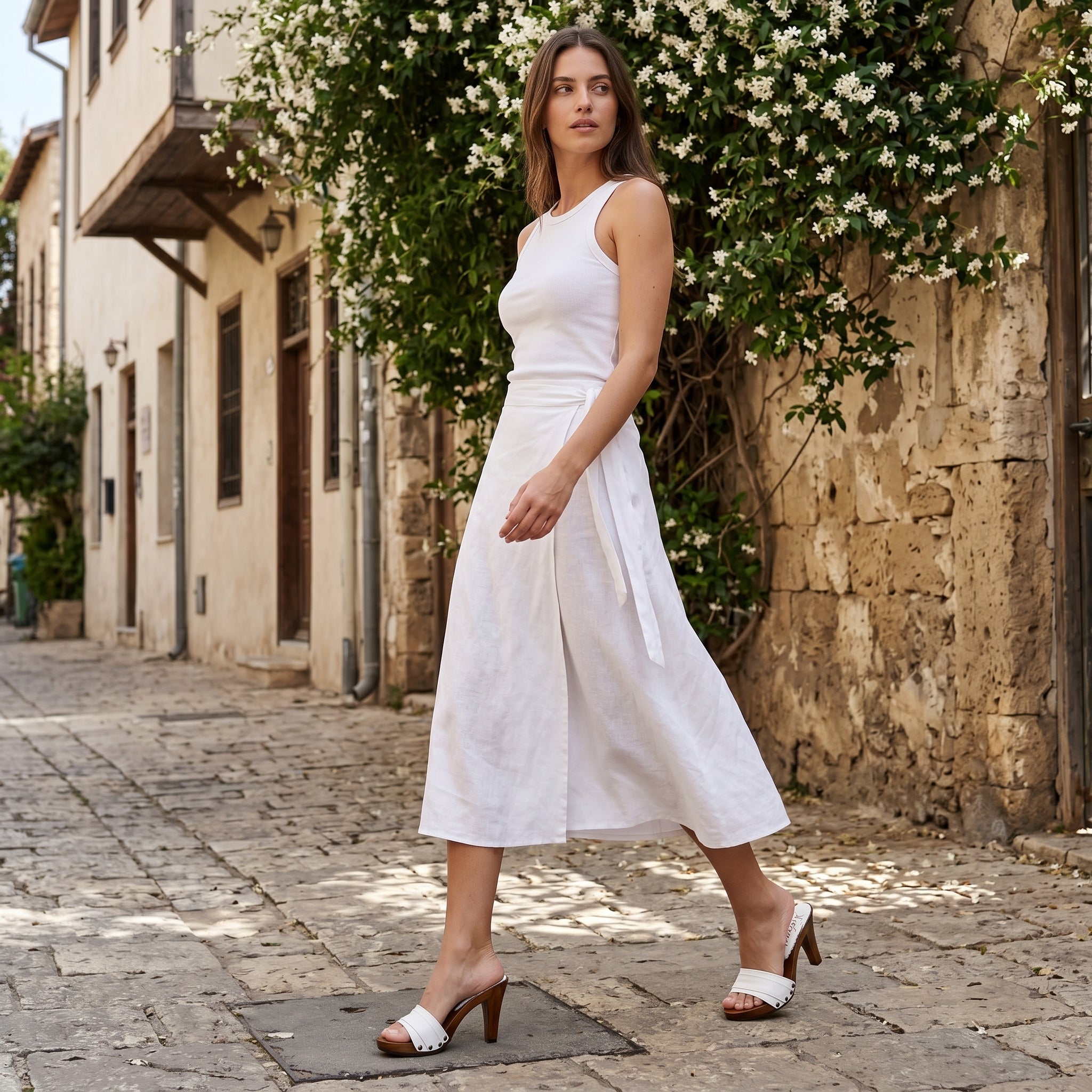 דוגמנית בצילום גוף מלא פוסעת על שביל אבן ברחוב קלאסי בין מבנים עתיקים, לובשת שמלה לבנה ארוכה ונקייה ללא שרוולים, ונועלת קבקבי עץ לבנים של המותג Gilonne Studio.