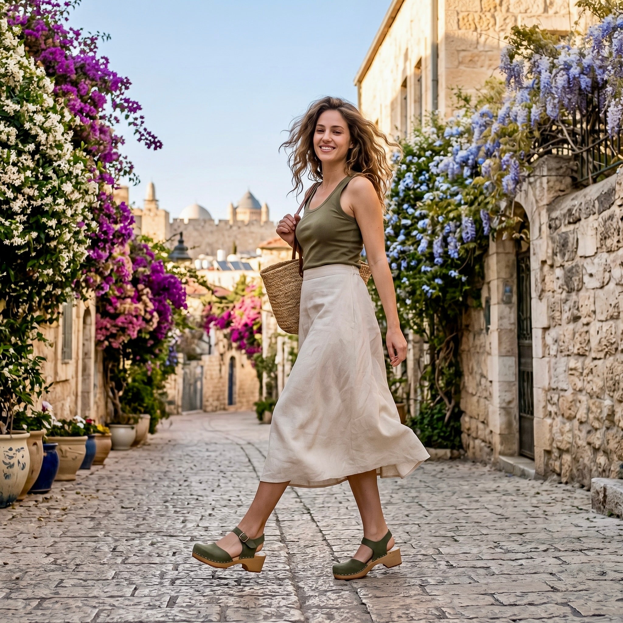 אישה פוסעת בסמטת אבן עתיקה ומביטה לאחור בחיוך, לבושה בגופיית זית וחצאית מידי נשפכת בצבע שמנת, נועלת סנדלי קבקב בגוון ירוק זית.