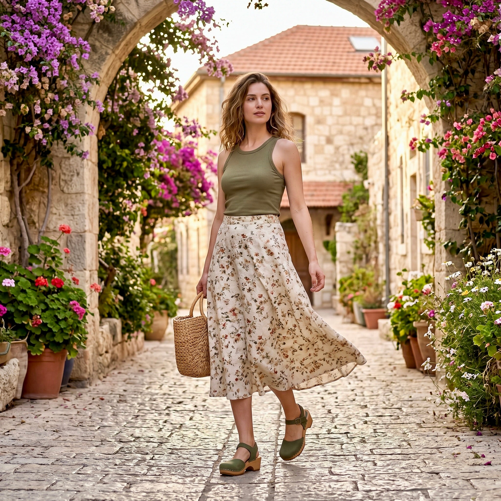 דוגמנית צועדת בסמטה ירושלמית עם חצאית פרחונית וסנדלי קבקב מעור בצבע ירוק-זית.