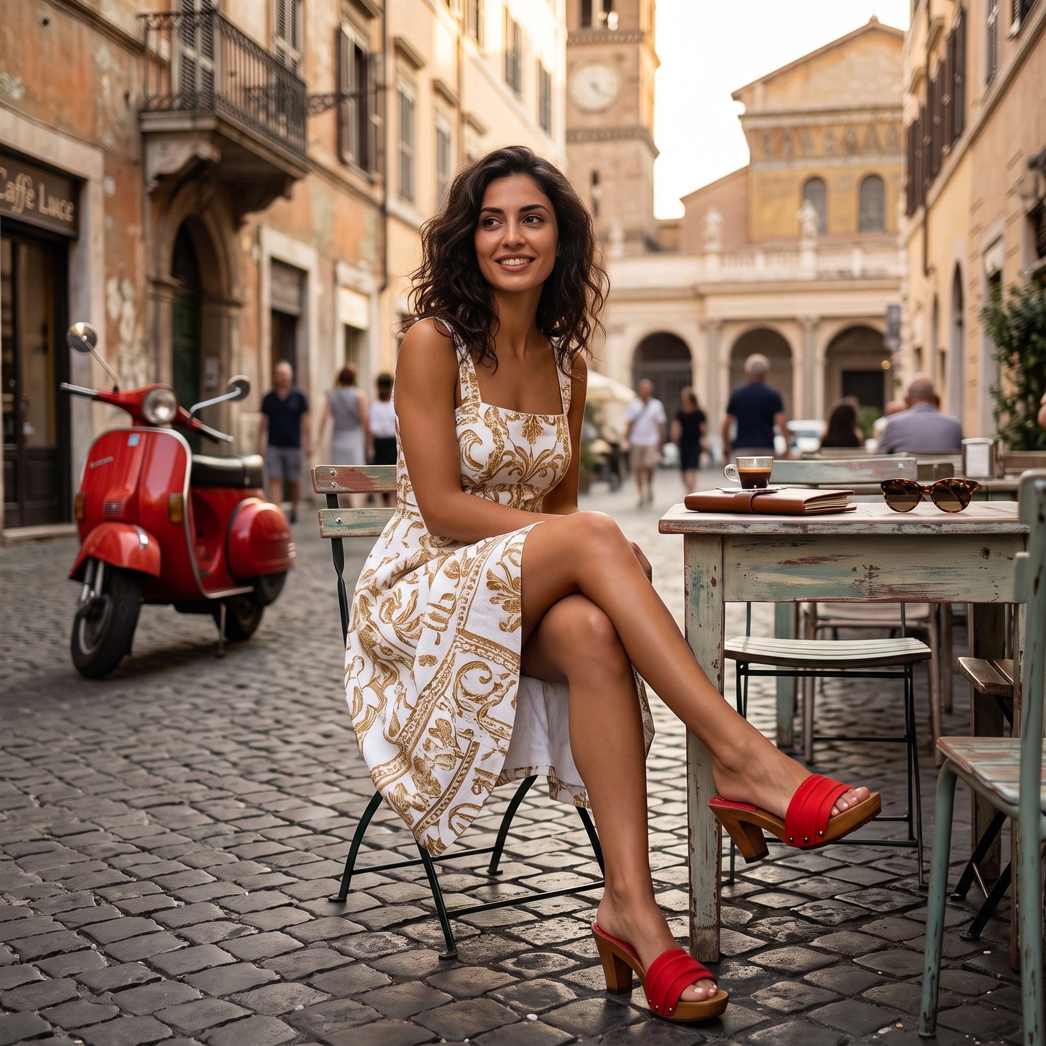 בחורה בית קפה איטלקי שמלה מעוטרת זהב על רקע לבן מהמם, נועלת קבקבי-עץ אופנתיות של ג׳ילון-סטודיו בצבע אדום עז עקב עבה 8 סמ גובה עור זמש