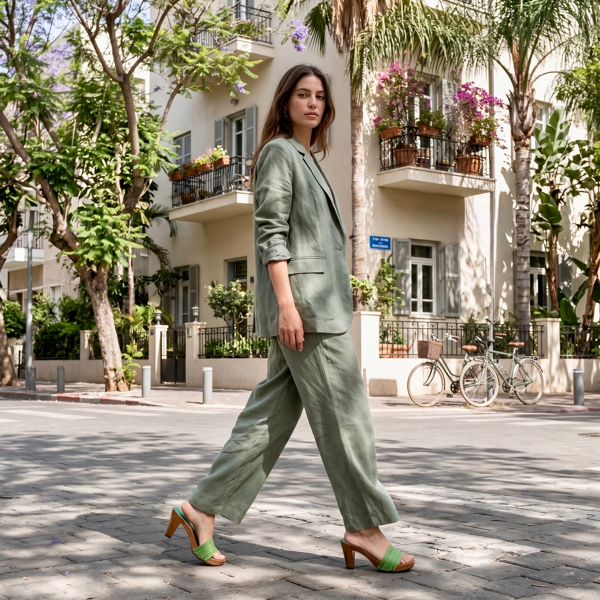 : דוגמנית בצילום חוץ מלא בתנועת הליכה ברחוב עירוני מוצל עם עצים ומבני מגורים. היא לובשת חליפת פשתן מחויטת בצבע ירוק מרווה (חולצה/בלייזר ארוך ומכנסיים רחבים) ונועלת קבקבי עץ פלטפורמה דגם סופיה קומפורט בצבע ירוק זמש עם עקב בלוק בגובה 8 ס"מ.
