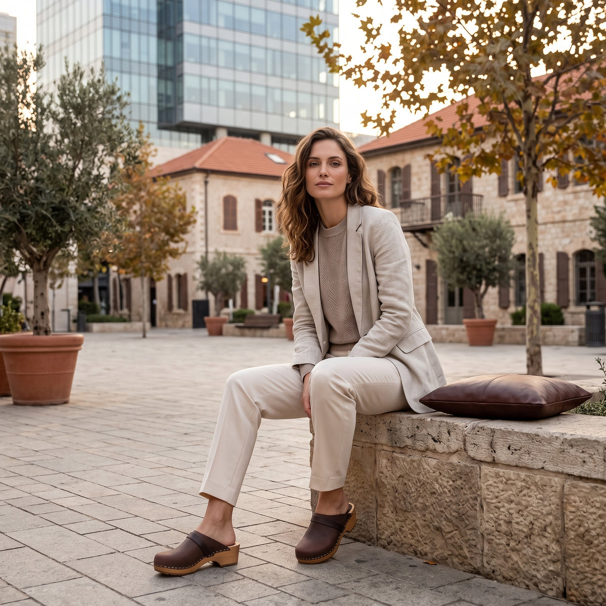 דוגמנית בחצר תל אביבית ליד בניין ישן ומגדל ברקע לבושה חליפה מחוייטת יושבת על גדבר אבן ונועלת קבקבי-עץ בצבע חום נובוק וינטיג׳ של ג׳ילון סטודיו ייבוא משבדיה שח כפכפי עץ בעבודת יד