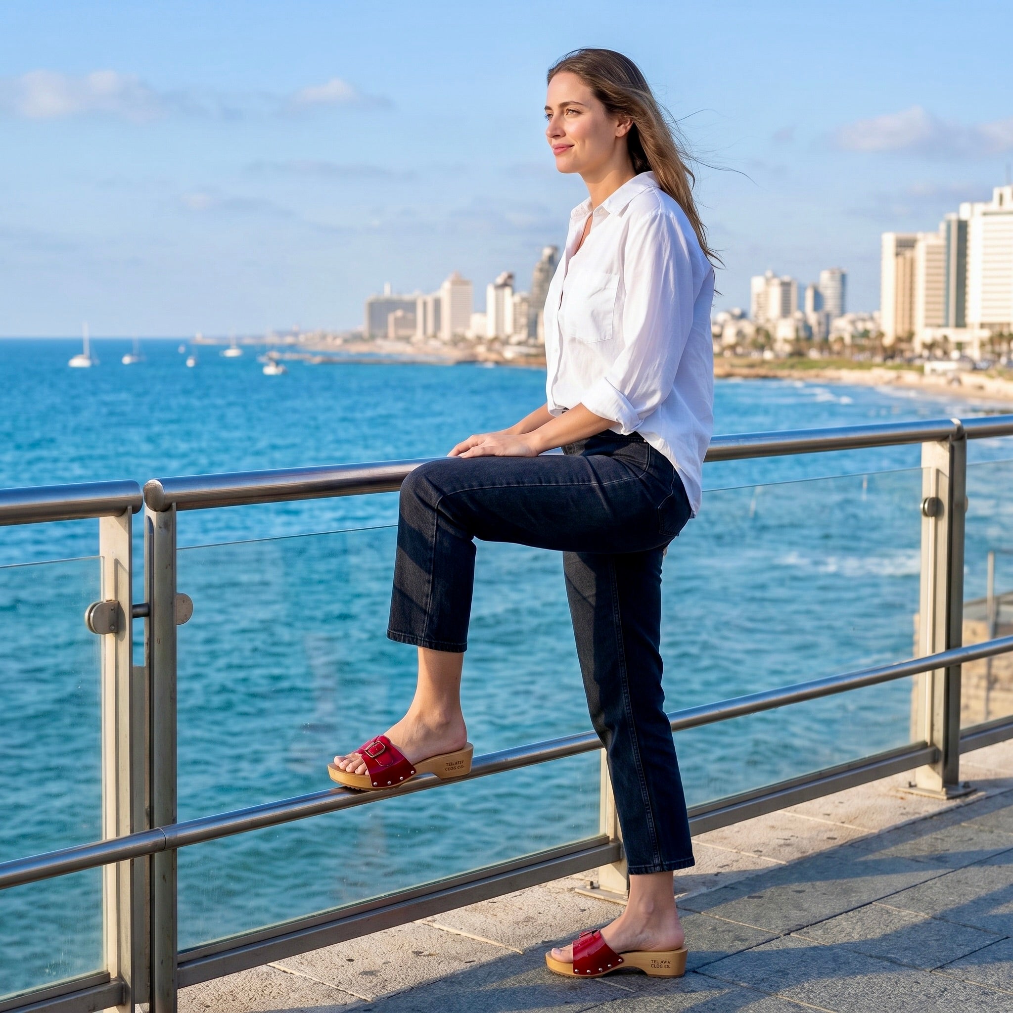 צילום קדמי של דוגמנית בטיילת חוף, לבושה בג'ינס כחול וחולצה לבנה מכופתרת, מניחה רגל על מעקה עץ. היא נועלת קבקב עץ אופנתי לנשים בעל רצועת עור אדומה בוהקת ואבזם מוזהב, המשלבים מראה קז'ואל אורבני ואלגנטיות יומיומית