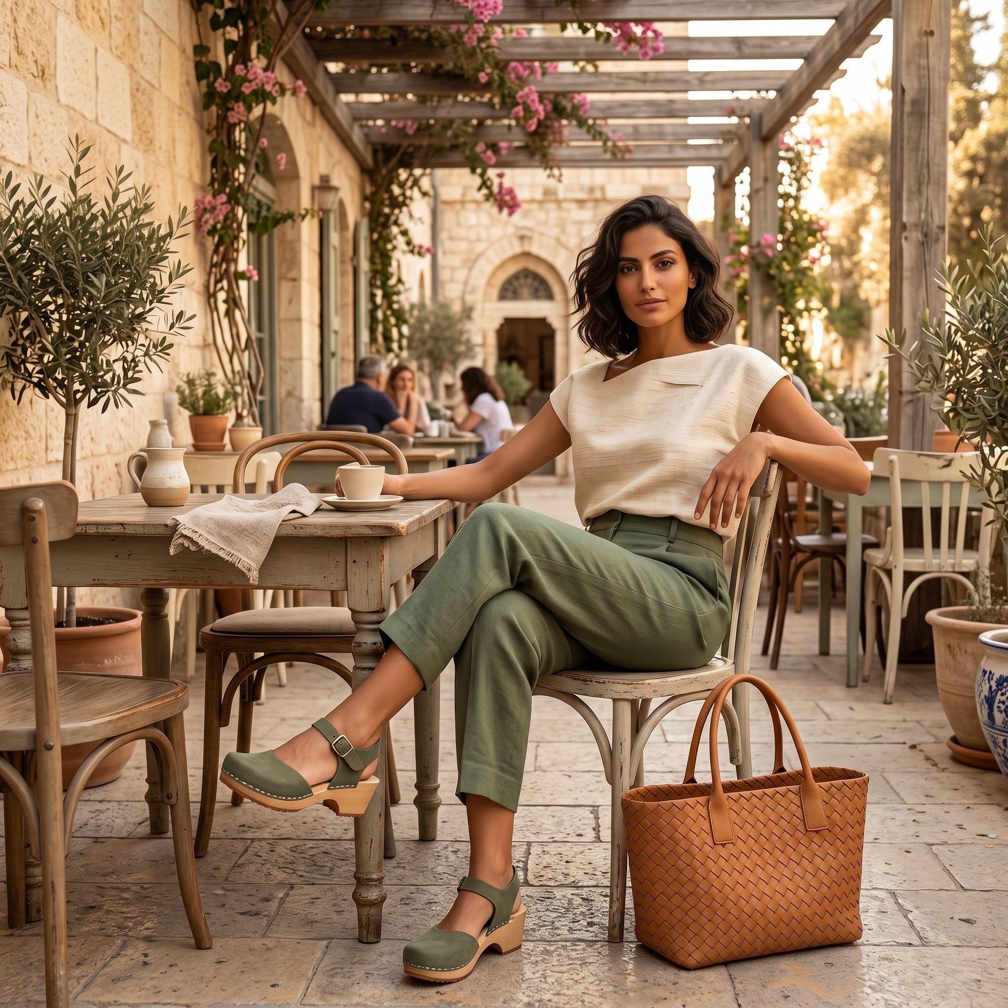 אישה יושבת בבית קפה כפרי ונועלת סנדלי עור ירוקים עם מכנסיים מחויטים ותיק עור תואם.