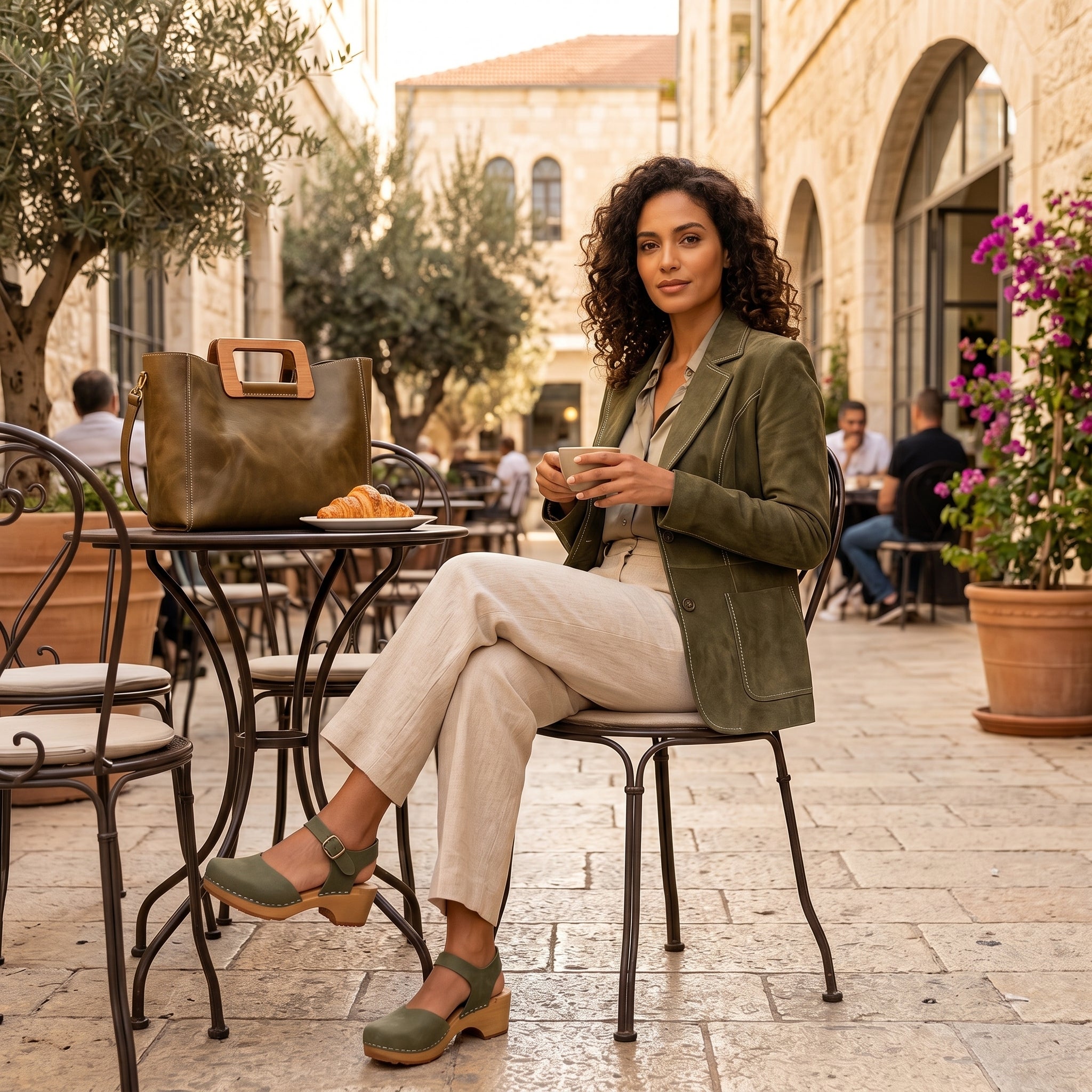 דוגמנית יושבת בחוץ עם בלייזר זית ומכנסיים בהירים, נועלת סנדלי קבקב תואמים במראה שכבות מתוחכם.