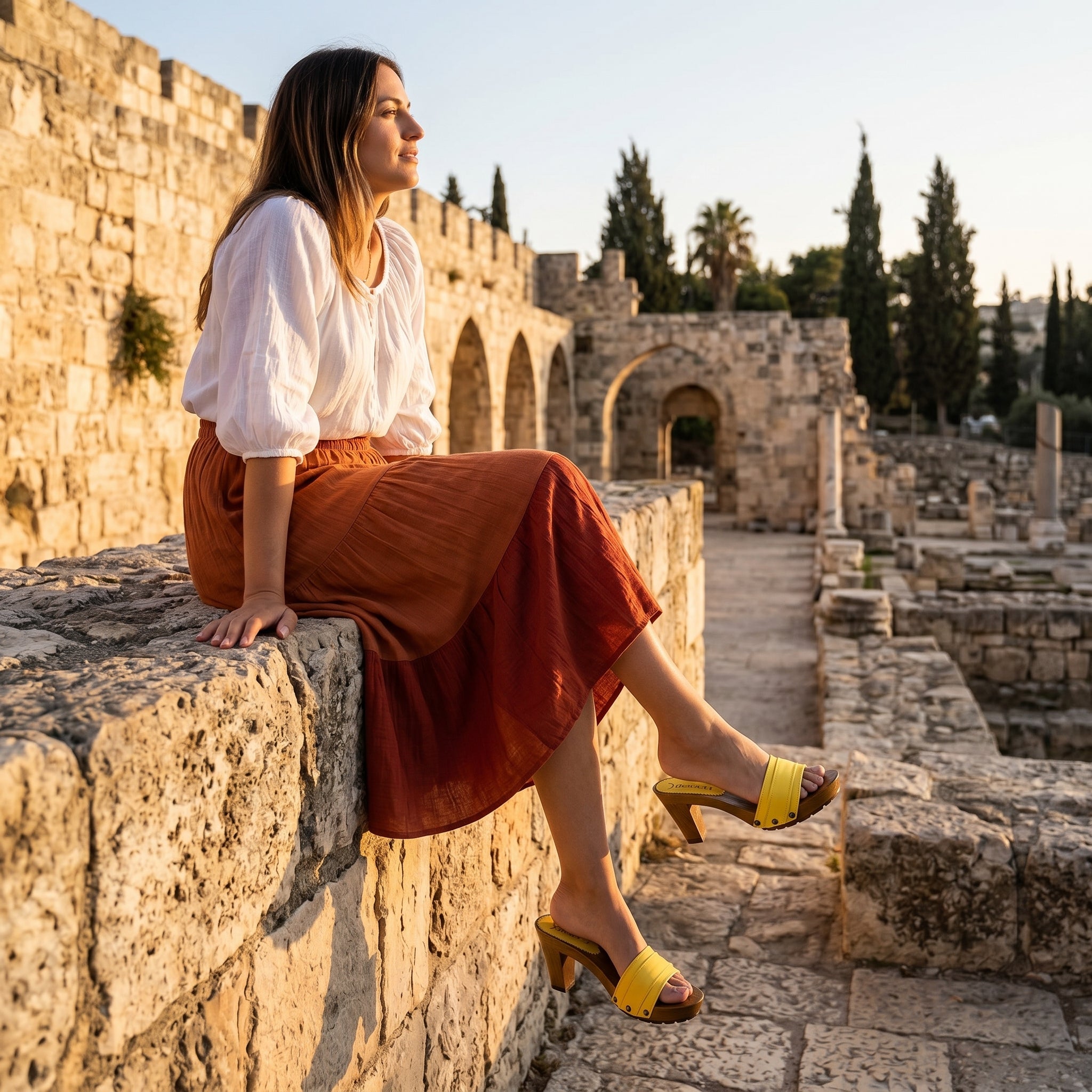 דוגמנית יושבת בפרופיל על חומת אבן עתיקה והיסטורית בירושלים בשעת אחר הצהריים. היא לובשת חולצה לבנה עם שרוולים תפוחים וחצאית מידי ארוכה בגוון חמרה-חום, ונועלת קבקבי עץ ועקב בלוק דגם סופיה קומפורט בצהוב זמש.