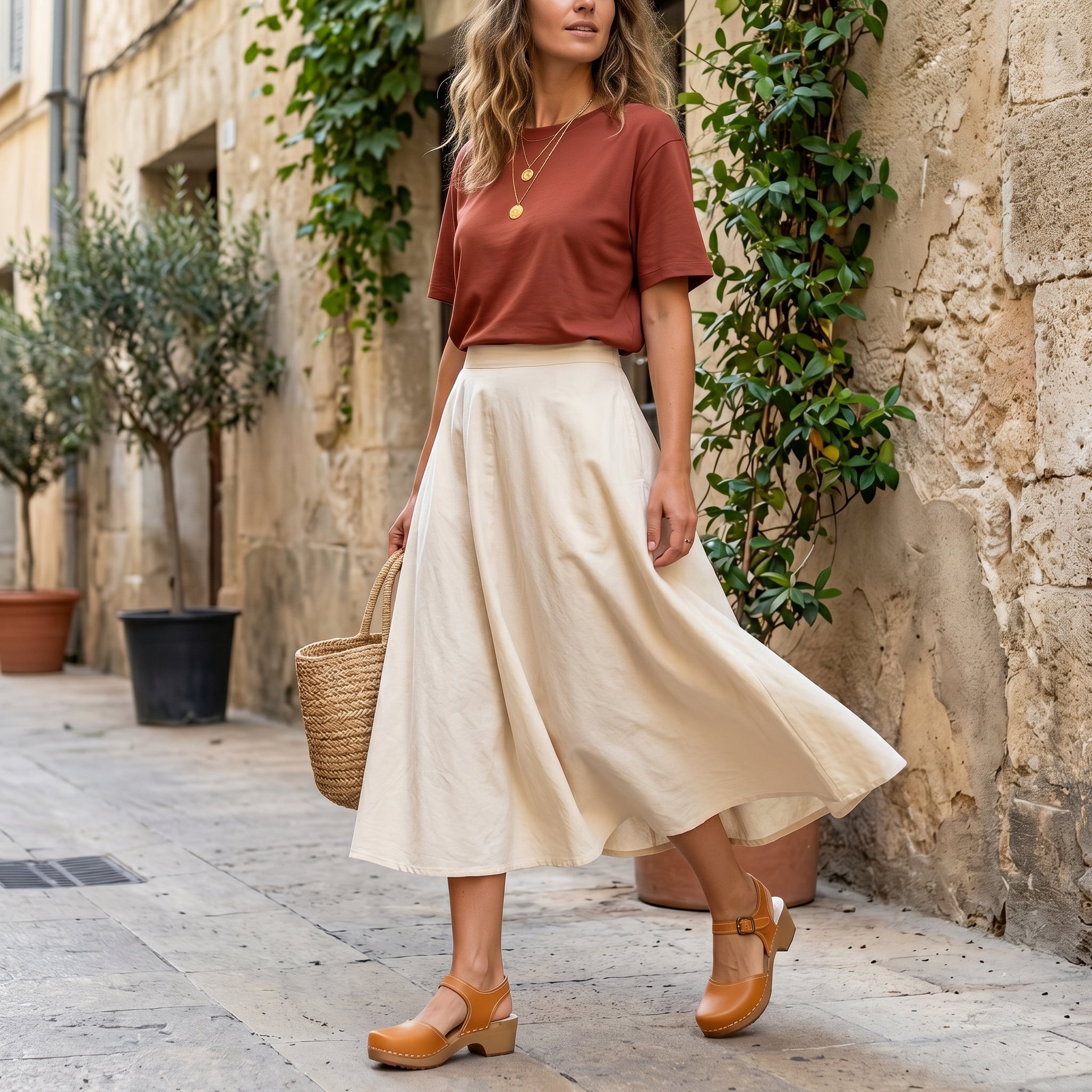 אישה צועדת בסמטת אבן עתיקה לצד קיר עם צמחייה מטפסת, לבושה בחולצה בגוון טרקוטה, חצאית מקסי נשפכת בצבע שמנת ונושאת תיק קש, לרגליה סנדלי קבקב טבעוניים בגוון קאמל עם רצועת קרסול ועקב נמוך.